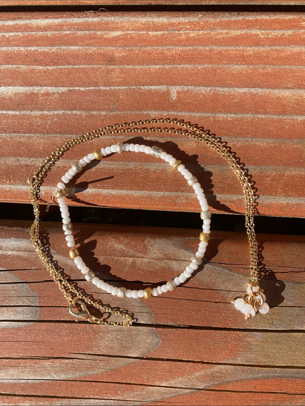 Handmade Gold Chain Necklace with White Beaded Bracelet